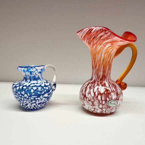 Blown Glass Orange Blue White Speckle Pitcher Vases Rainbow Glass - Picture 1 of 11